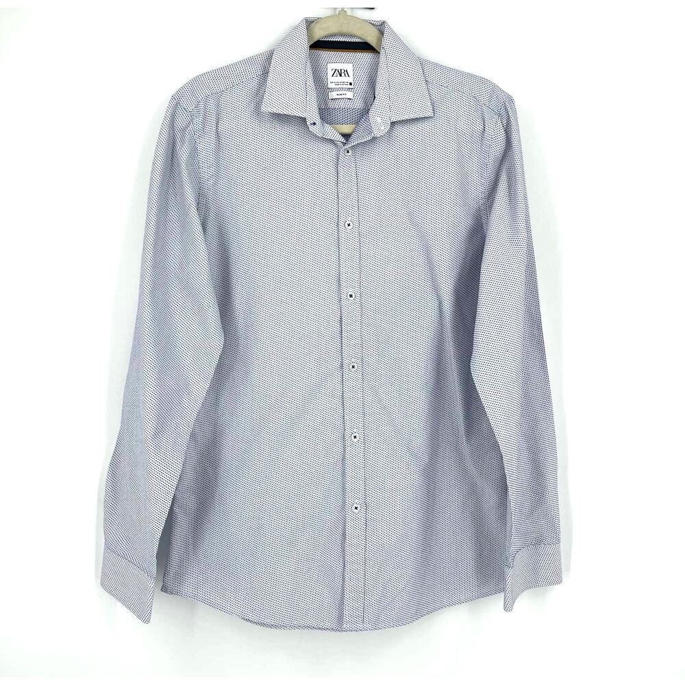 Zara Button Down Collared Shirt Slim Fit White Blue Men's Medium Business Career